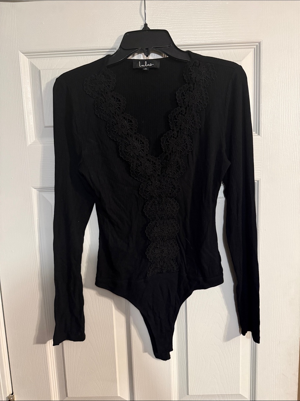 Lulu's Black Lace-Trim Long Sleeve V-Neck Bodysuit
